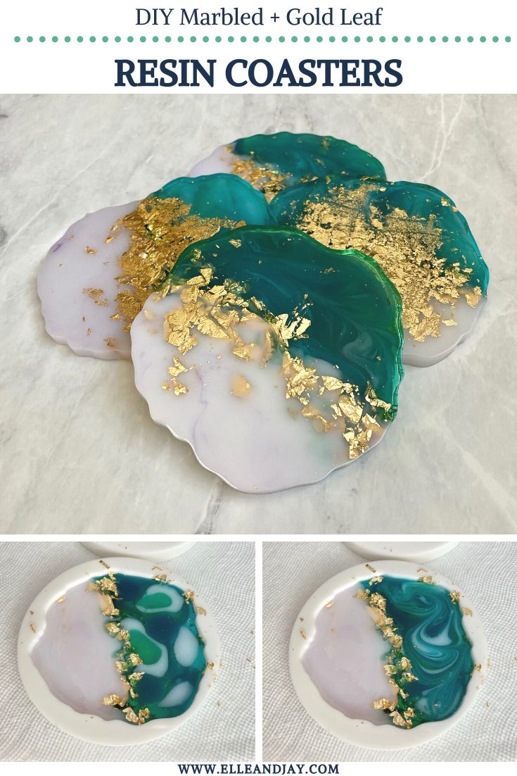 the process to make marble coasters with resin and gold leaf