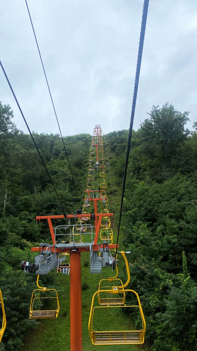 an overhead view of a ski lift in the woods