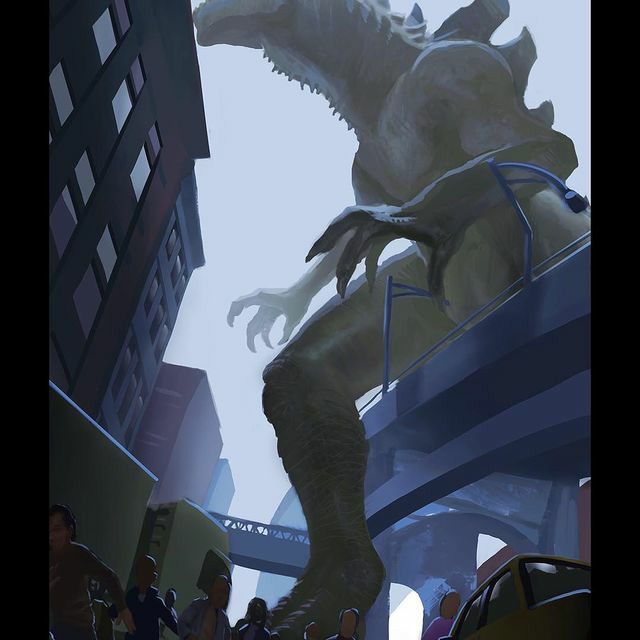 an animated image of a giant dinosaur in the city