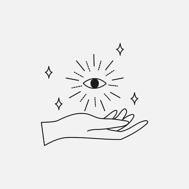 a hand holding an eye with stars coming out of the top and below it, on a white background