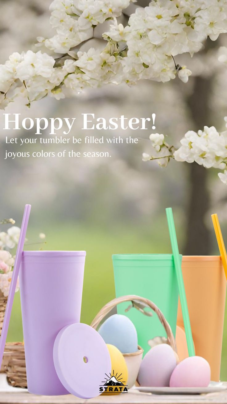 an easter card with eggs, cups and straws in front of blossomy trees