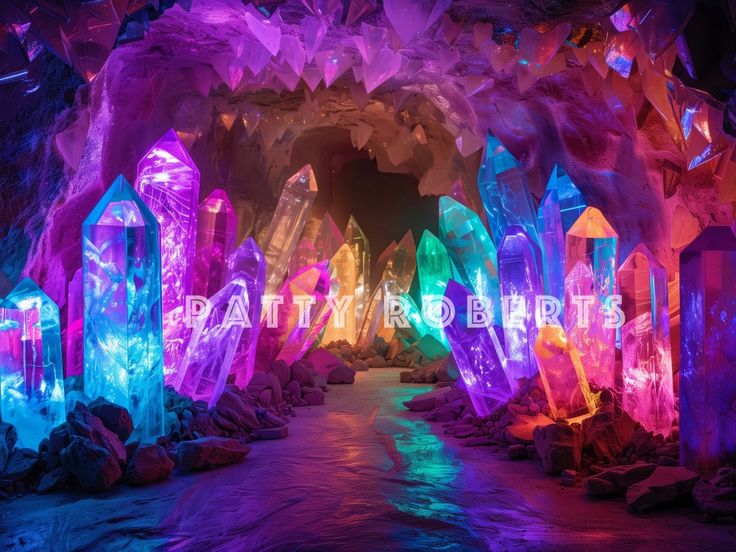 the entrance to an ice cave is lit up with colorful lights