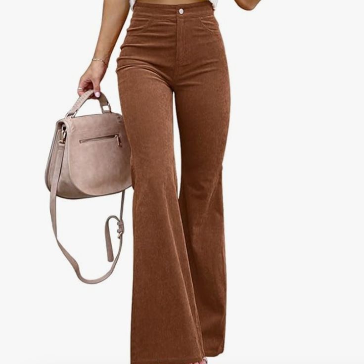 -Classic 70s Look: Flared, Autumn Brown Corduroy -High-Waisted -Zip Fly With Single Silver Button Retro Brown Pants For Spring, Trendy Brown Corduroy Pants, Trendy Brown Corduroy Bottoms, Retro Brown Pants For Fall, Retro High-waist Corduroy Bottoms, High Waist Retro Corduroy Bottoms, Vintage Brown Flare Bottoms, Retro High-waist Corduroy Pants, Retro Corduroy Pants For Spring