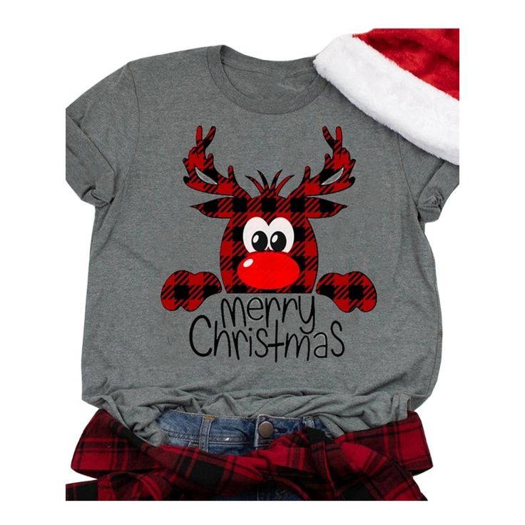 SySea - Women's Fashion Short Sleeve Buffalo Plaid Reindeer Merry Christmas Print Casual Holiday Top T-shirt - Walmart.com - Walmart.com Christmas Shirts Vinyl, Shirt Walmart, Shirt Decals, Cricut Help, Holiday Graphics, Christmas Tee Shirts, Fun Shirts, Christmas T Shirt Design, Cute Christmas Shirts