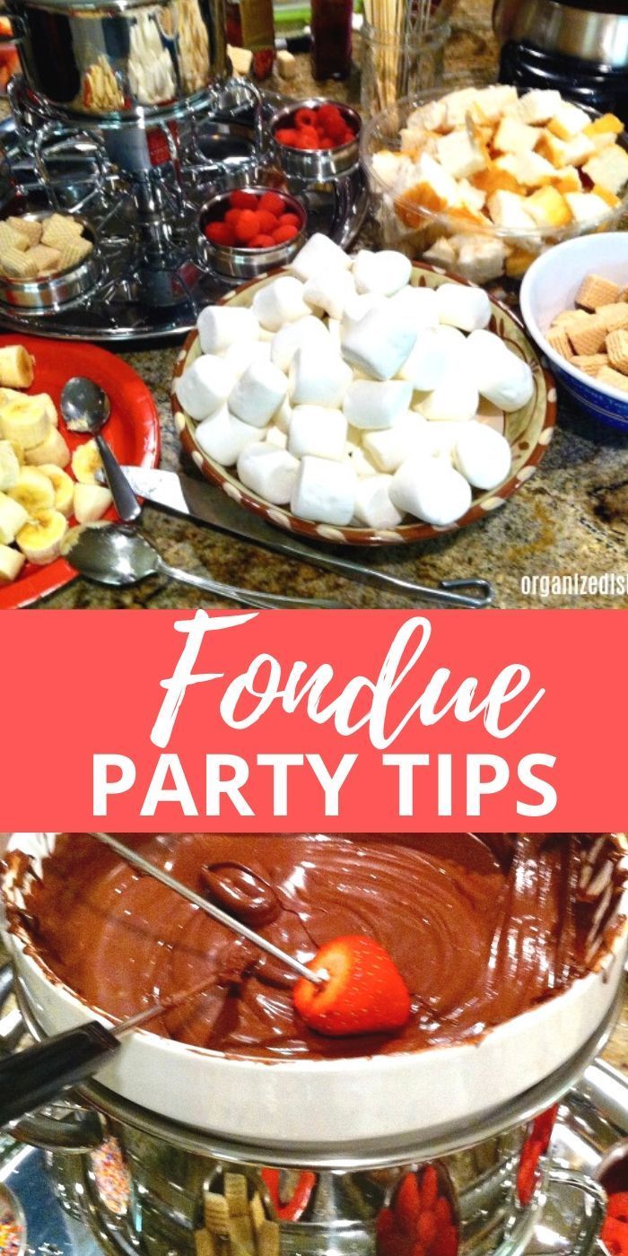 fondue party tips with chocolate, marshmallows and strawberries on the side