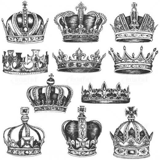 several crowns are shown in black and white