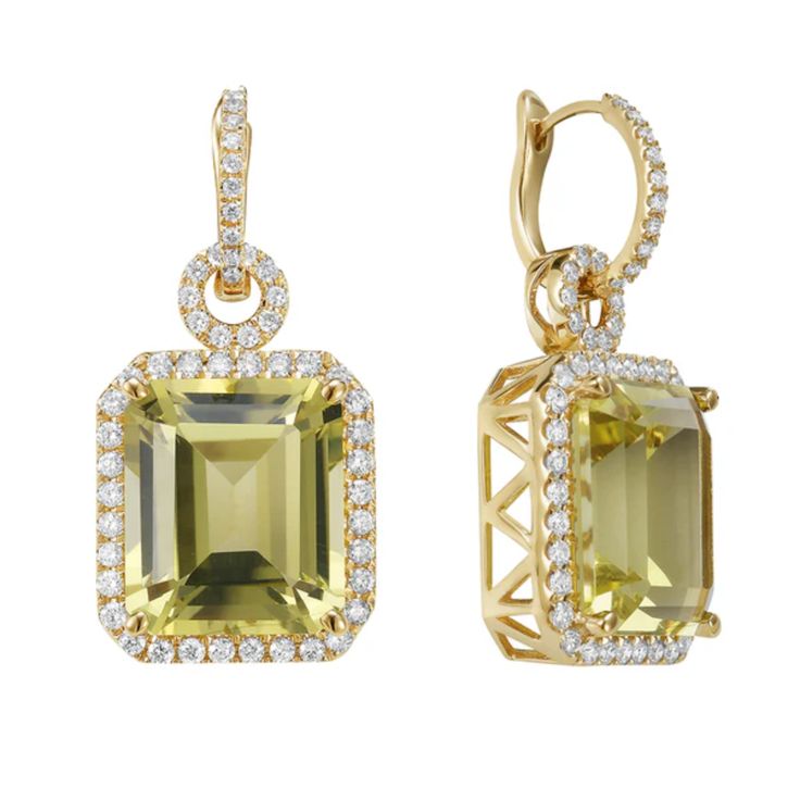 18kt Yellow Gold Diamond & Green Quartz Stud Earrings: 19.38cts of emerald cut green quartz 1.13cts of round diamonds Formal Green Diamond Gemstone Earrings, Formal Green Gemstone Diamond Earrings, Luxury Green Diamond Earrings With Prong Setting, Luxury Green Diamond Earrings With Accents, Luxury Green Emerald-cut Earrings, Luxury Green Earrings With Prong Setting, Green Emerald Cut Diamond Earrings For Formal Occasions, Green Emerald Cut Diamond Earrings For Formal Events, Green Luxury Earrings With Prong Setting