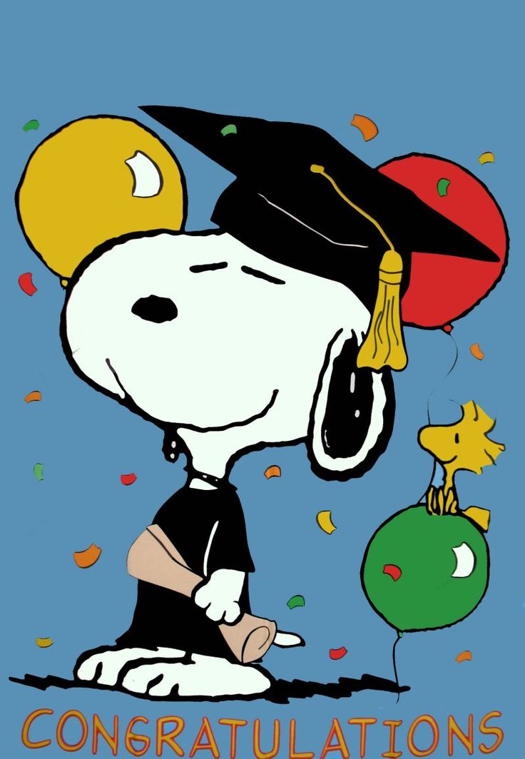 a cartoon dog wearing a graduation cap and holding balloons