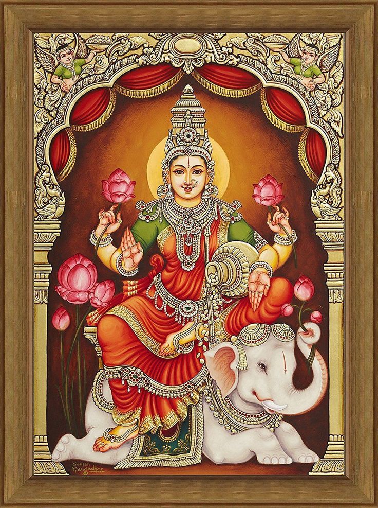 an image of the god ganesha with flowers in his hand and words written on it