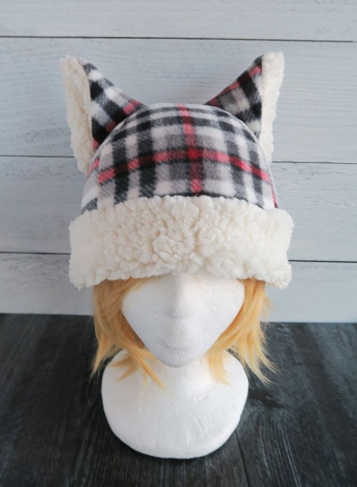 White Plaid Winter Cat Fleece Hat - Sherpa Hat Themed Winter Costume Hat, Themed Costume Hats And Headpieces For Winter, Winter Costume Hat One Size, Themed Winter Hats For Cosplay, One Size Cosplay Hat For Winter, Winter Costume Hats And Headpieces With Cat Ears, Winter Themed Costume Hat, Themed Winter Cosplay Hats, Themed Winter Costume Hats And Headpieces