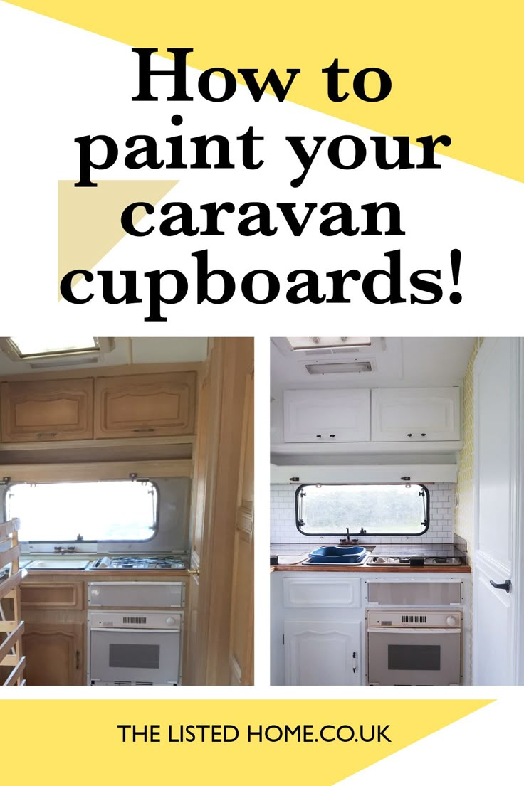 This pin shows caravan cupboards before and after painting Old Caravan Renovation, Rv Cupboard Makeover, English Caravan Renovation, Painted Caravan Cupboards, Tourer Caravan Renovation, Caravan Outside Paint, Viscount Caravan Renovation Ideas, Painting Caravan Interior, Caravan Diy Interior