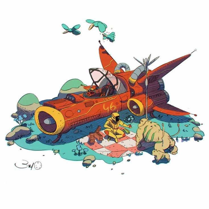 an image of a cartoon plane that is in the water with other animals around it