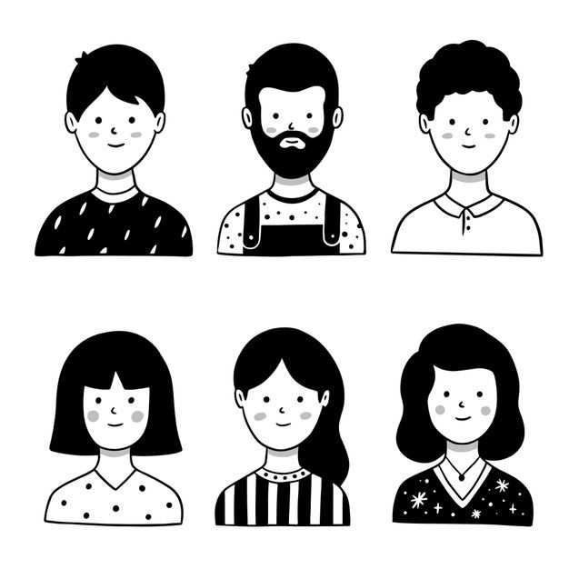 four people with different hairs and beards are shown in black and white, one is wearing