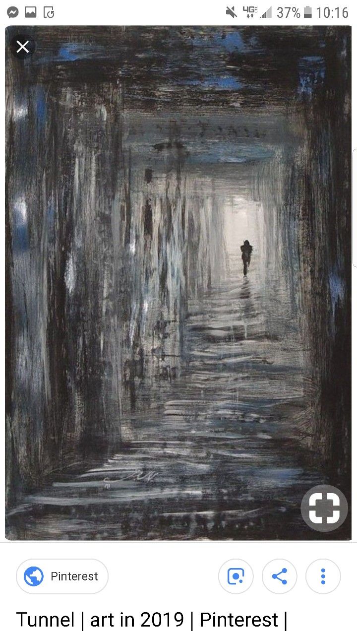 an abstract painting of a person walking down a dark tunnel with light at the end