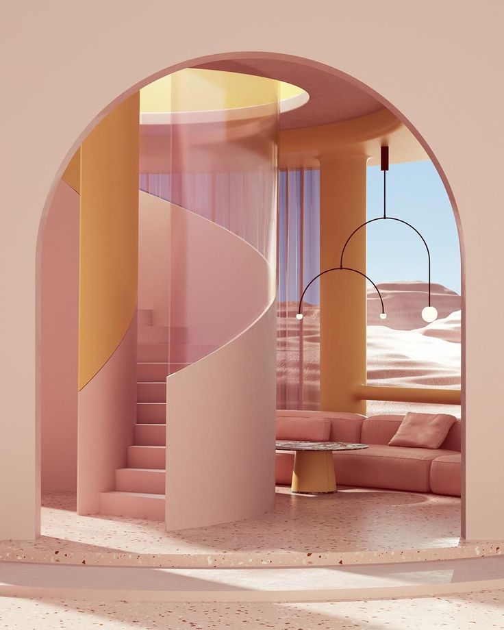 an arch in the middle of a living room with pink walls and floor to ceiling windows