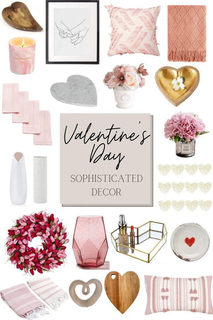 valentine's day themed decor with pink and gold accents, flowers, hearts, candles, pillows, etc