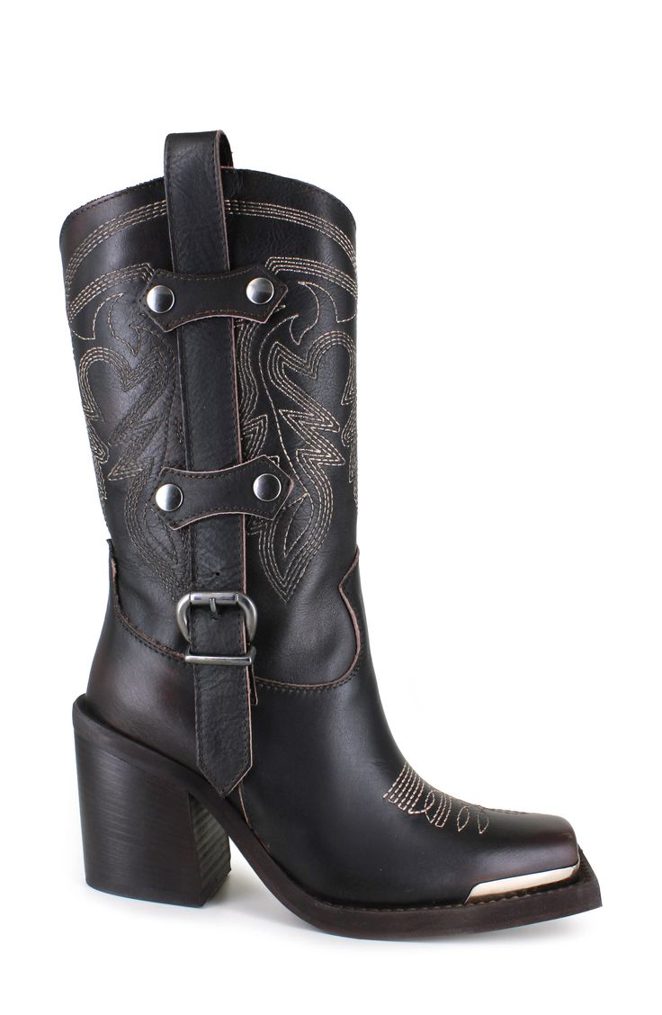 A snipped toe boasting a gleaming hardware plate refreshes the classically Western design of a water-resistant cowboy boot detailed with bold topstitching and buckled side straps. 3 1/2" heel; 1" platform 12 1/2" shaft; 11 1/2" calf circumference. Narrow calf Pull-on style Leather upper, lining and sole Made in Italy Rugged Leather Boots For Rodeo, Western Snip Toe Heeled Boots In Calf Leather, Western Calf Leather Heeled Boots With Snip Toe, Western-style Calf Leather Heeled Boots With Snip Toe, Western Mid-calf Boots With Reinforced Heel And Snip Toe, Country Boots With Reinforced Heel For Western-themed Events, Western Leather Heeled Boots, Western Style Moto Boots For Western-themed Events, Western Style Leather Heeled Boots