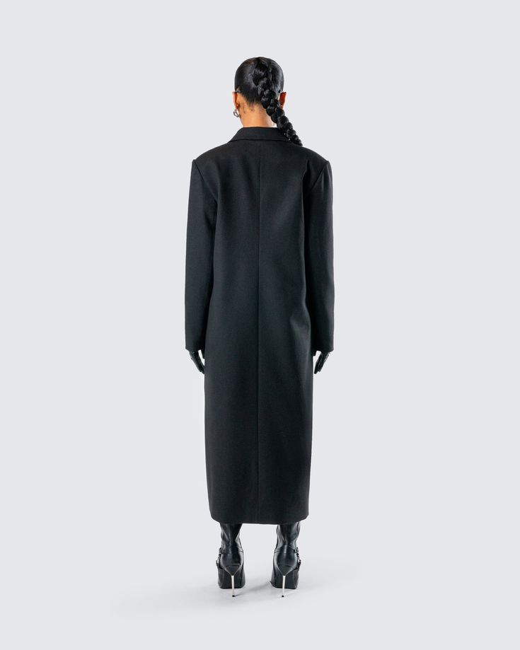 A coat made for our baddies who like to intimidate and entice 😏 Take charge in this black double-breasted coat made from structured woven suiting and complete with button closures 🖤 Winter Blazer Dress With Hidden Button Closure, Fall Long Coat Blazer Dress With Double Button Closure, Fall Evening Outerwear With Double Button Closure, Evening Wool Coat With Notch Lapel For Winter, Black Wool Coat With Double Button For Work, Notch Lapel Wool Coat For Winter Evenings, Evening Long Coat With Button Closure, Black Wool Coat With Double Button Closure For Work, Black Wool Coat For Work With Double Button Closure