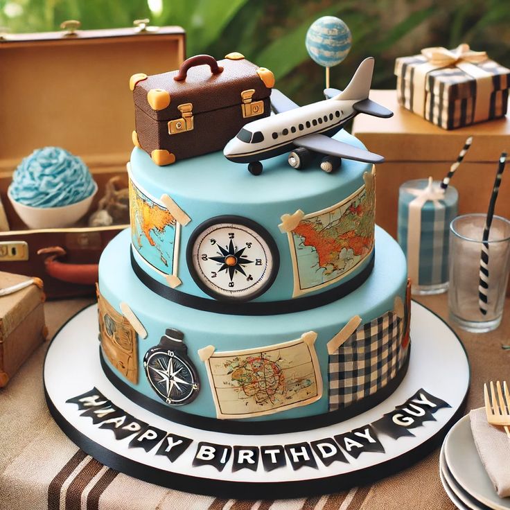 a blue birthday cake with an airplane and map on top, sitting on a table