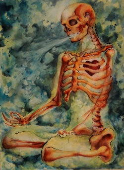 a painting of a skeleton sitting on the ground