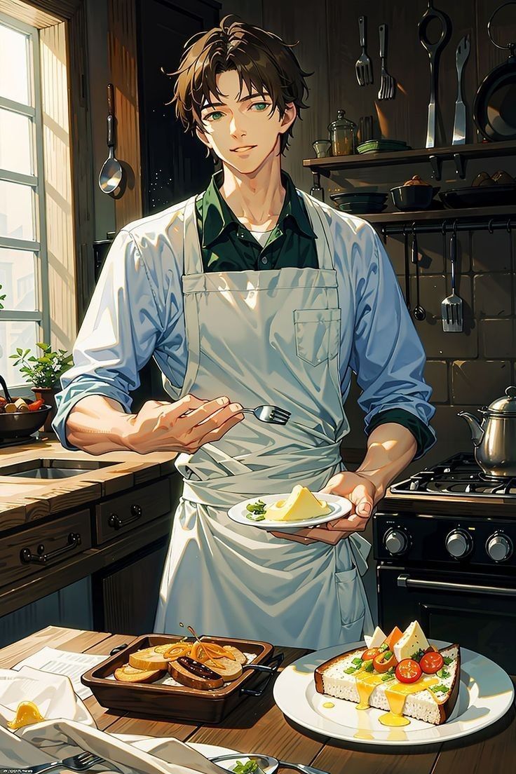 a man in an apron holding a plate with food on it next to a stove