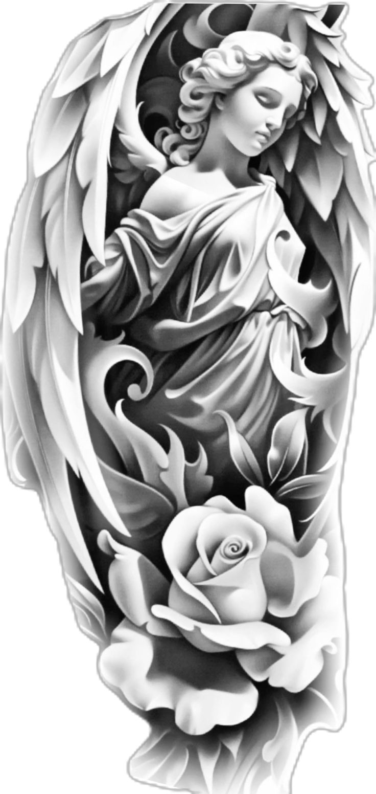 an angel with wings and roses on it's arm is shown in black and white