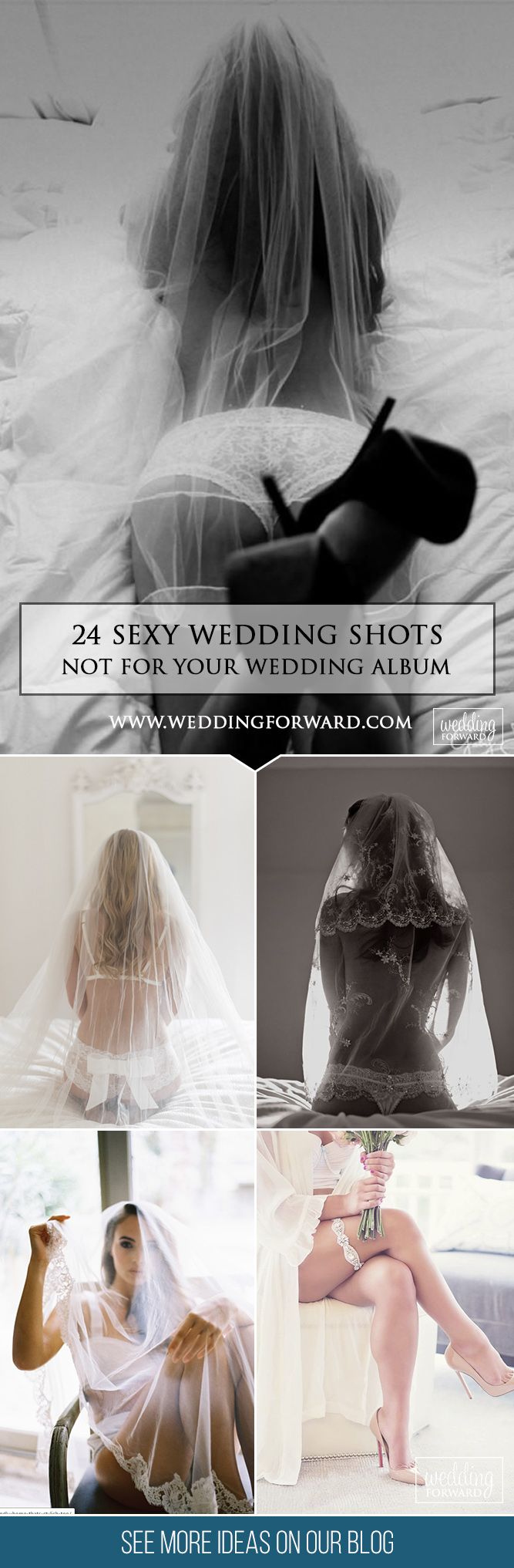 four different shots of a woman in her wedding dress and veil, with the caption'see more ideas on our blog '