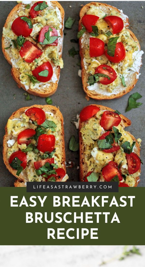 four pieces of bread with tomatoes and cheese on them, the text reads easy breakfast bruschetta recipe