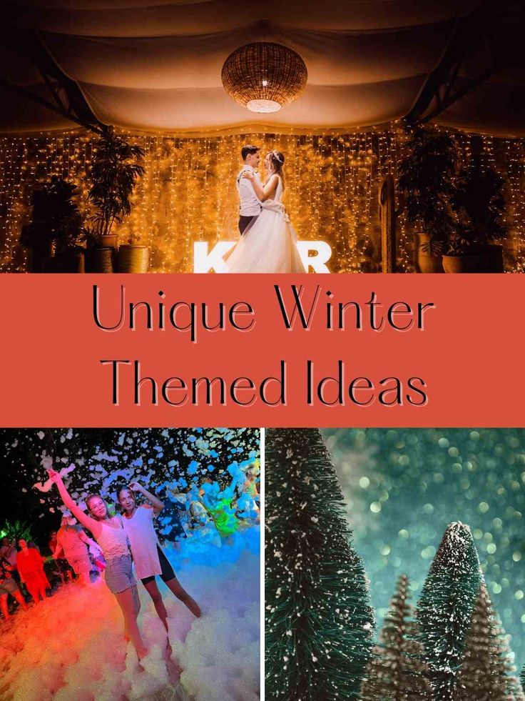 the words unique winter themed ideas are shown in three different pictures, including trees and people