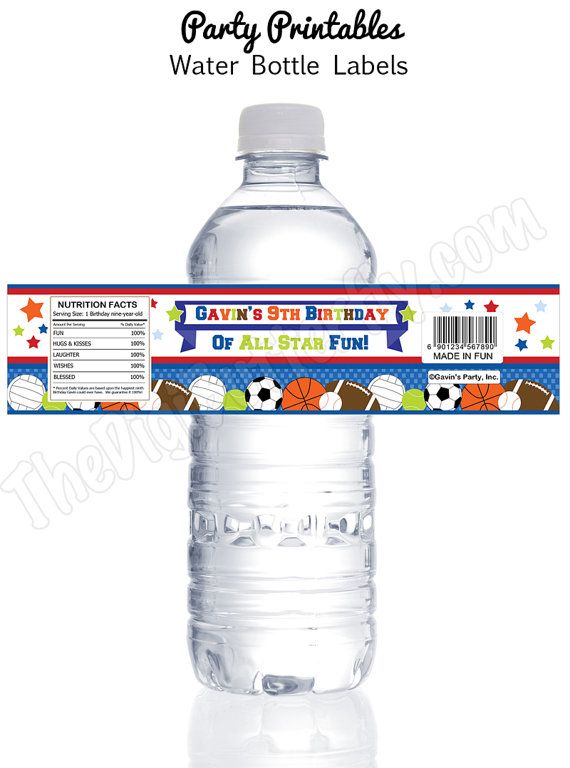 water bottle label with sports balls on it