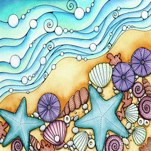 a painting of seashells and starfish on the beach with waves in the background