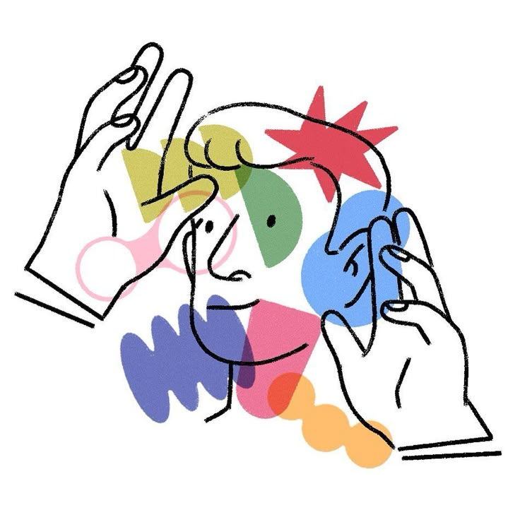 a drawing of two hands touching each other with different colors and shapes on the background