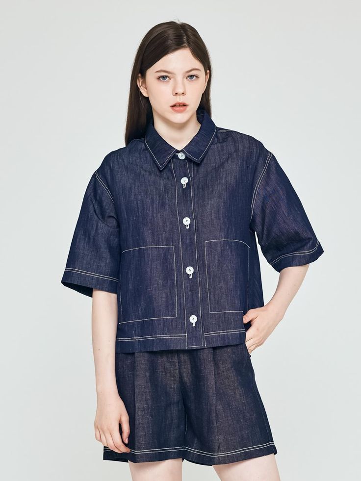 Composition : COTTON 100%Country of Origin : Republic of Korea Short Sleeve Shirt With Patch Pockets For Spring, Spring Shirt With Patch Pockets And Short Sleeves, Spring Short Sleeve Shirt With Patch Pockets, Collared Denim Top For Summer, Summer Denim Blue Shirt For Workwear, Summer Denim Blue Shirt For Work, Denim Blue Summer Workwear Shirt, Casual Short Sleeve Fitted Denim Jacket, Casual Fitted Short Sleeve Denim Jacket