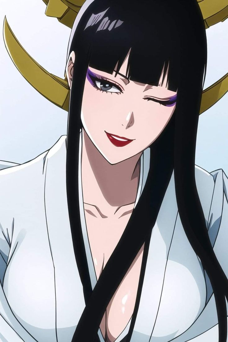 an anime character with long black hair wearing a white shirt and gold horns on her head