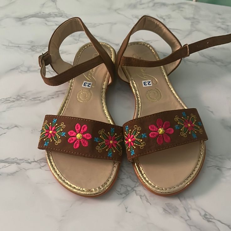 Embroidery Style Sandals. Handmade In Mexico Open Toe Sandals With Floral Embroidery For Beach, Floral Embroidery Open Toe Sandals For Beach, Brown Embellished Summer Sandals, Vacation Sandals With Floral Embroidery And Open Toe, Embroidered Multicolor Open Toe Sandals, Embroidered Sandals For Summer Festival, Multicolor Embroidered Open Toe Sandals, Summer Beach Sandals With Floral Embroidery, Spring Embroidered Adjustable Sandals