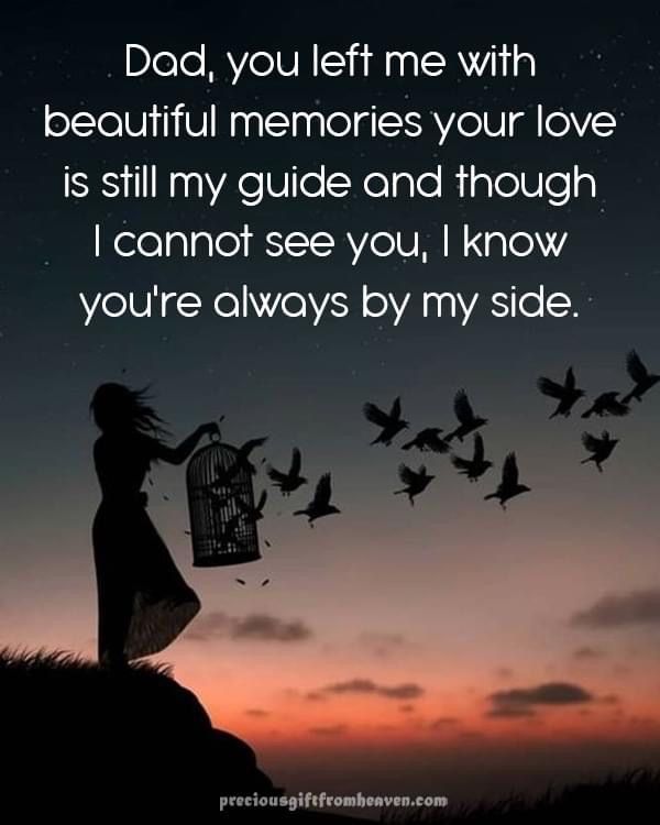 a woman standing on top of a hill with birds flying over her and the words dad, you left me with beautiful memories your love is still my guide