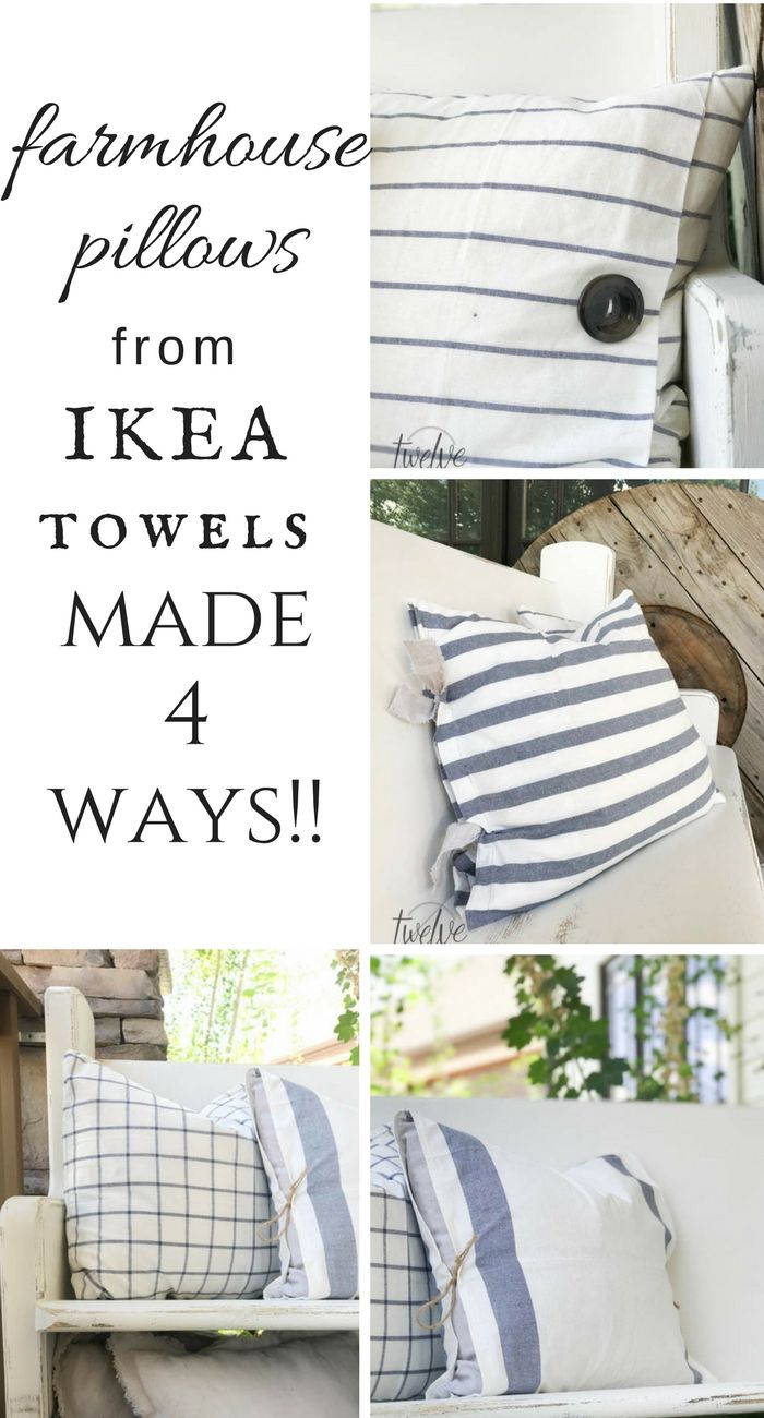 four different pillows with the words farmhouse pillow from ikea towels made 4 ways