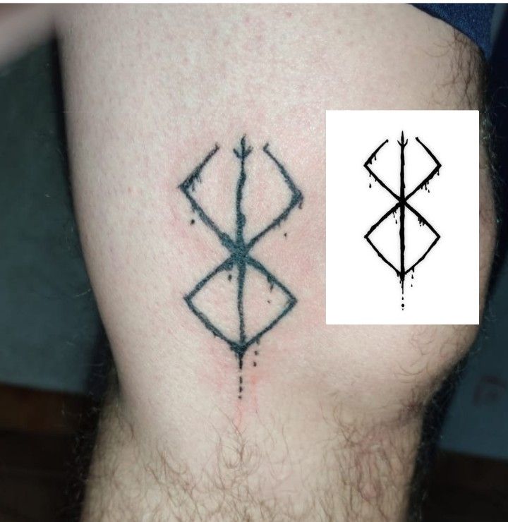 an arrow tattoo on the back of a man's left leg, next to a photo of his lower thigh