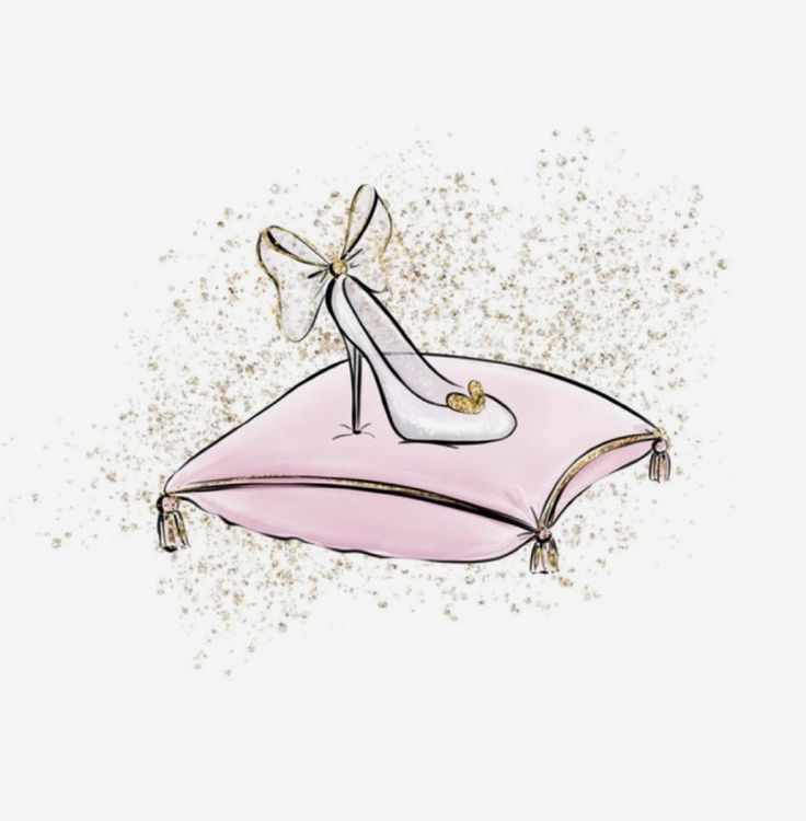 a drawing of a pink shoe with a bow on the top and gold glitters around it