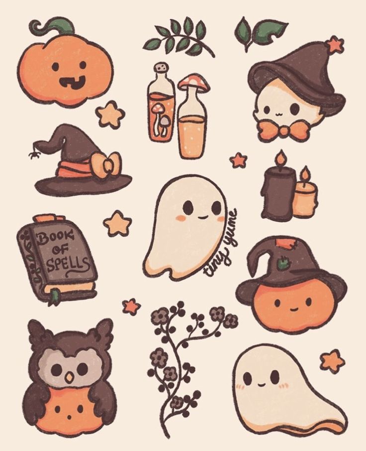 various halloween stickers are shown on a white background, including ghost, pumpkins and witches