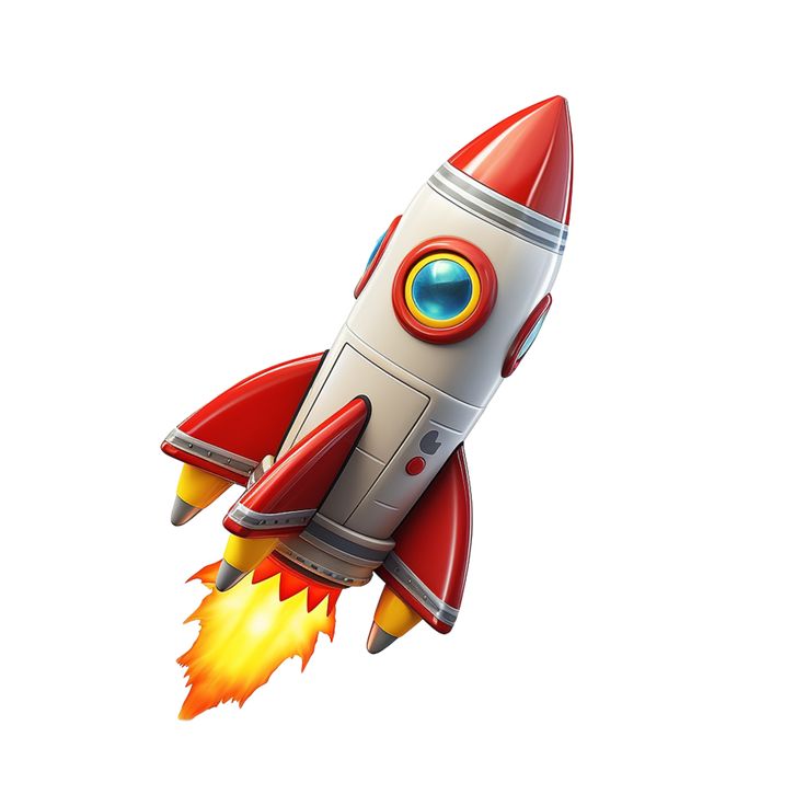 a red and white rocket ship flying through the air with flames coming out of it