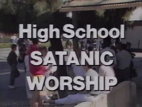 the words high school satanic worship are overlaid with images of people sitting on benches