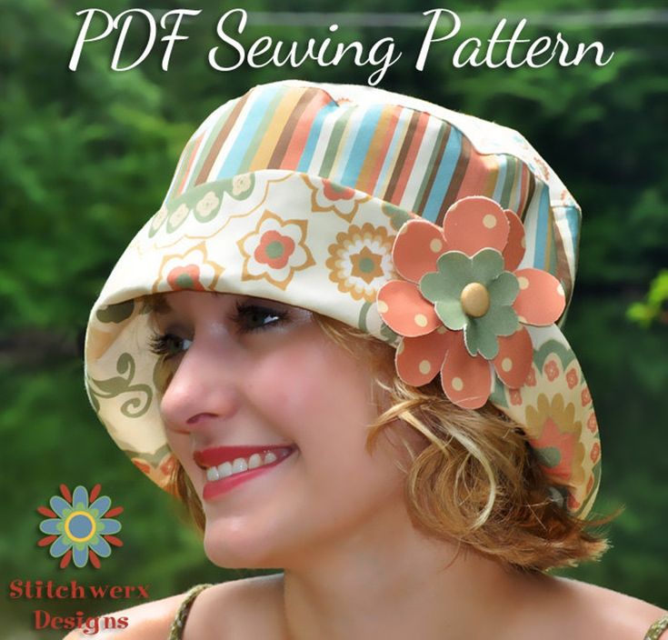 a woman wearing a hat with flowers on it and the words sewing patterns for women's hats