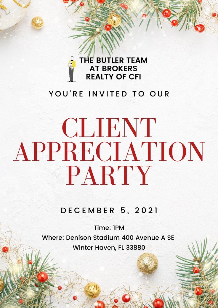 a flyer for an appreciation party with christmas decorations and baubles on the table