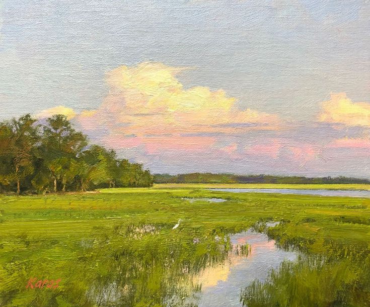 an oil painting of a marshy field with trees and clouds in the sky above