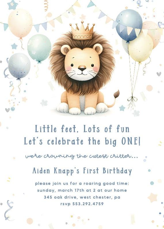 a birthday card with a lion wearing a crown on it's head and balloons in the background