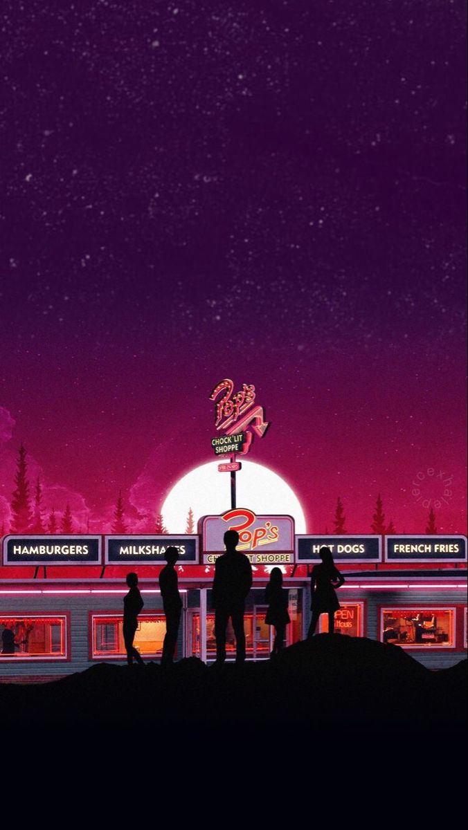 some people are standing in front of a diner at night with the moon setting behind them