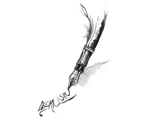 a black and white drawing of a pen with writing on the tip of its nib