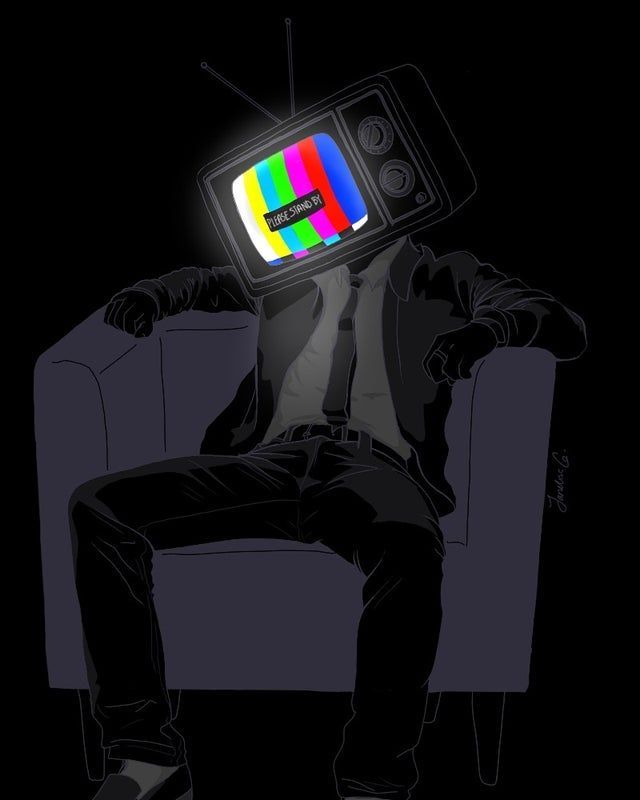 a man sitting in a chair with a tv on his head and the television is lit up