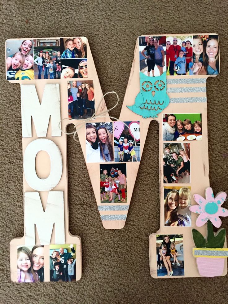 the letter m is decorated with photos and magnets to spell out mom's day